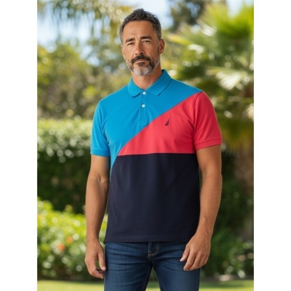 Nautica‎ Navtech Mens L Blue Red Colorblock Performance Polo Shirt Excellent